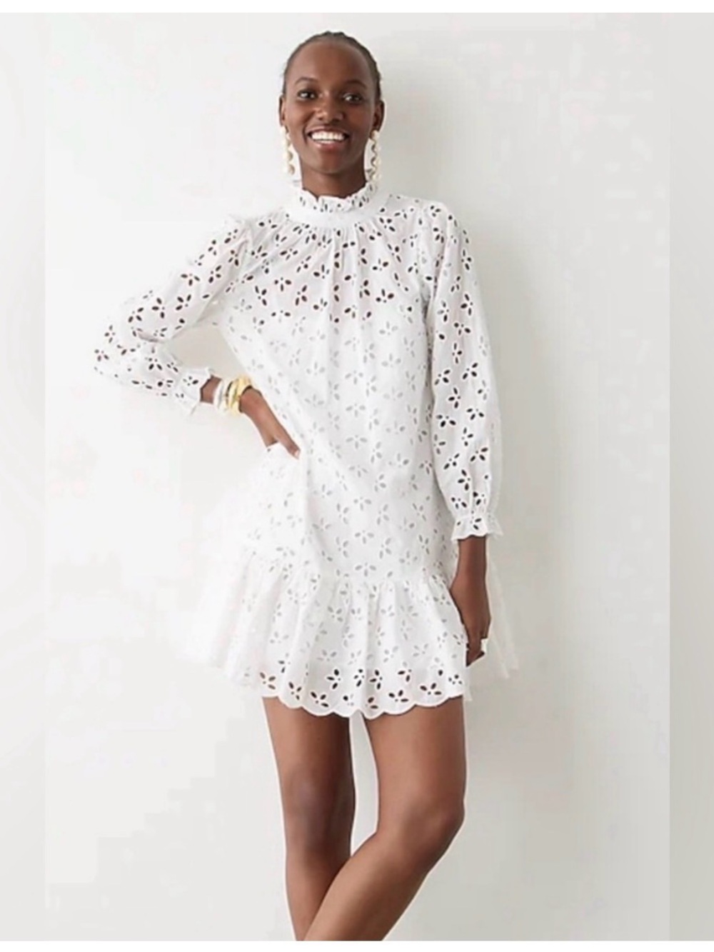 NEW J. Crew Ruffle Neck White Eyelet Mini Dress